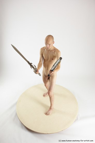 Nude Fighting with sword Man White Standing poses - ALL Slim Bald Standing poses - simple Multi angles poses Realistic