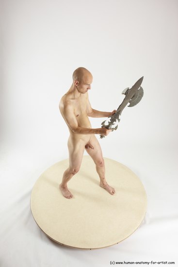 Nude Fighting with sword Man White Standing poses - ALL Slim Bald Standing poses - simple Multi angles poses Realistic