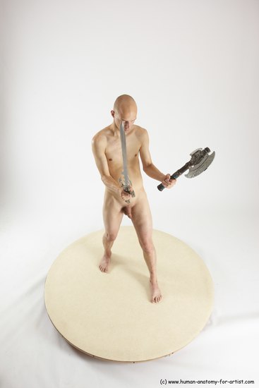 Nude Fighting with sword Man White Standing poses - ALL Slim Bald Standing poses - simple Multi angles poses Realistic