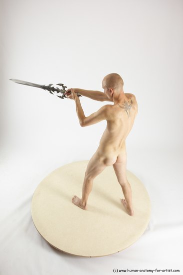 Nude Fighting with sword Man White Standing poses - ALL Slim Bald Standing poses - simple Multi angles poses Realistic