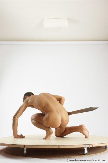 Nude Fighting with sword Man White Kneeling poses - ALL Athletic Short Brown Kneeling poses - on one knee Multi angles poses Realistic