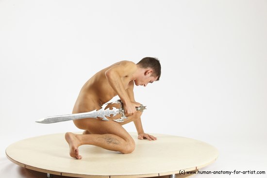 Nude Fighting with sword Man White Kneeling poses - ALL Athletic Short Brown Kneeling poses - on one knee Multi angles poses Realistic