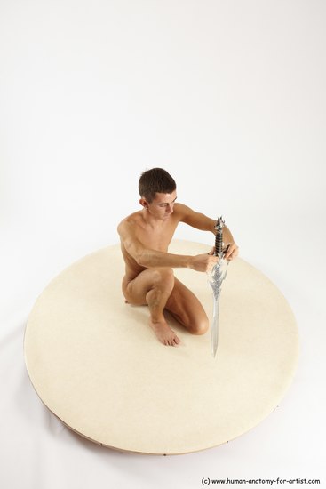 Nude Fighting with sword Man White Sitting poses - simple Athletic Short Brown Sitting poses - ALL Multi angles poses Realistic