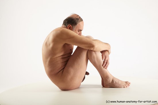 Nude Man White Sitting poses - simple Slim Bald Grey Sitting poses - ALL Realistic