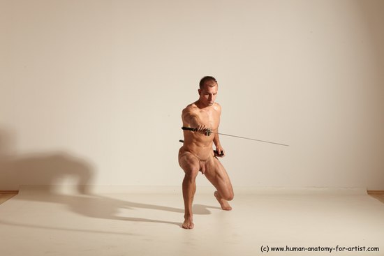 Nude Fighting with sword Man White Standing poses - ALL Muscular Short Brown Standing poses - simple Dynamic poses Realistic