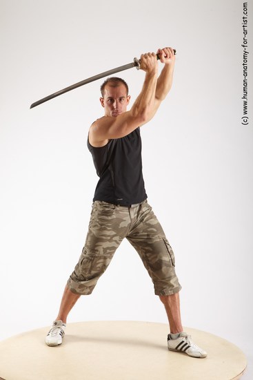 Casual Fighting with sword Man White Standing poses - ALL Muscular Short Brown Standing poses - simple Academic