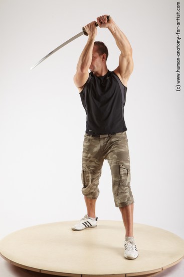 Casual Fighting with sword Man White Standing poses - ALL Muscular Short Brown Standing poses - simple Academic