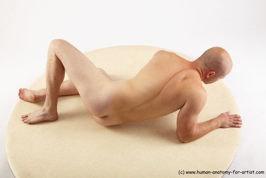 Nude Man White Laying poses - ALL Slim Bald Laying poses - on back Realistic