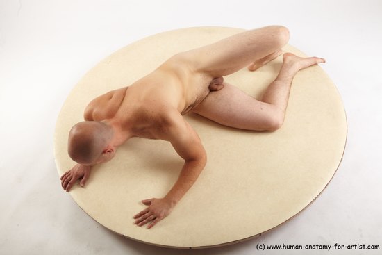 Nude Man White Laying poses - ALL Slim Bald Laying poses - on side Realistic