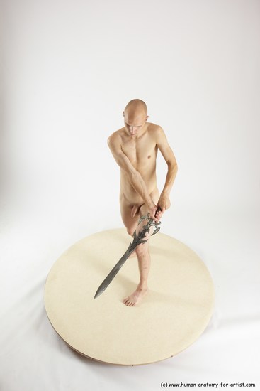 Nude Fighting with sword Man White Standing poses - ALL Slim Bald Standing poses - simple Multi angles poses Realistic