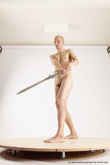 Nude Fighting with sword Man White Standing poses - ALL Slim Bald Standing poses - simple Multi angles poses Realistic