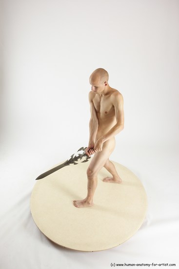 Nude Fighting with sword Man White Standing poses - ALL Slim Bald Standing poses - simple Multi angles poses Realistic