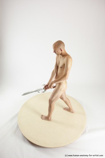 Nude Fighting with sword Man White Standing poses - ALL Slim Bald Standing poses - simple Multi angles poses Realistic