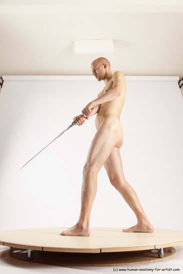 Nude Fighting with sword Man White Standing poses - ALL Slim Bald Standing poses - simple Multi angles poses Realistic