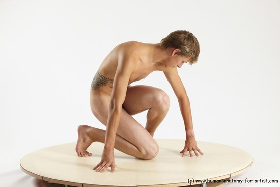 Nude Man White Kneeling poses - ALL Slim Short Brown Kneeling poses - on one knee Multi angles poses Realistic