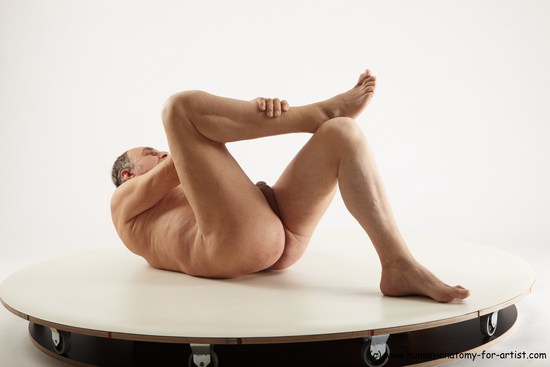 Nude Man White Laying poses - ALL Slim Bald Grey Laying poses - on back Realistic