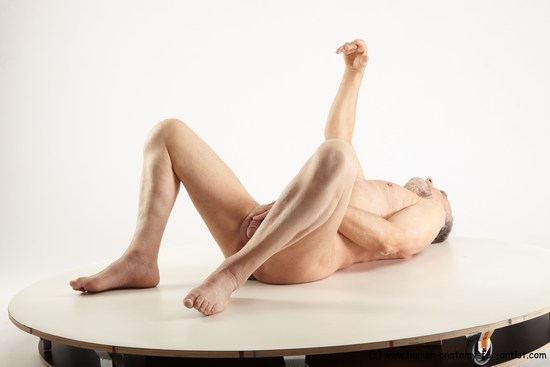 Nude Man White Laying poses - ALL Slim Bald Grey Laying poses - on back Realistic