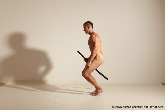 Nude Fighting with sword Man White Standing poses - ALL Muscular Short Brown Standing poses - simple Dynamic poses Realistic