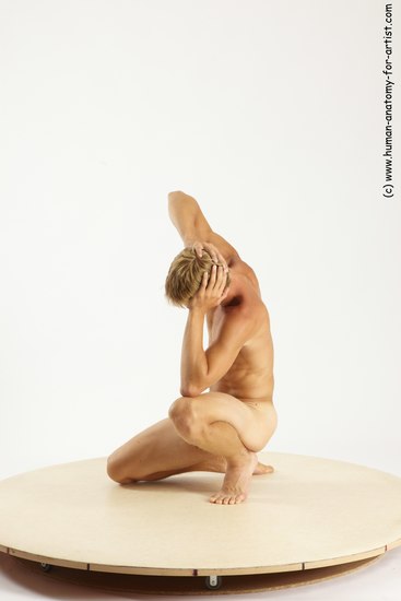 Nude Man White Kneeling poses - ALL Athletic Short Brown Kneeling poses - on one knee Multi angles poses Realistic