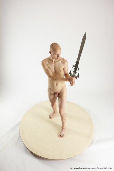 Nude Fighting with sword Man White Standing poses - ALL Slim Bald Standing poses - simple Multi angles poses Realistic