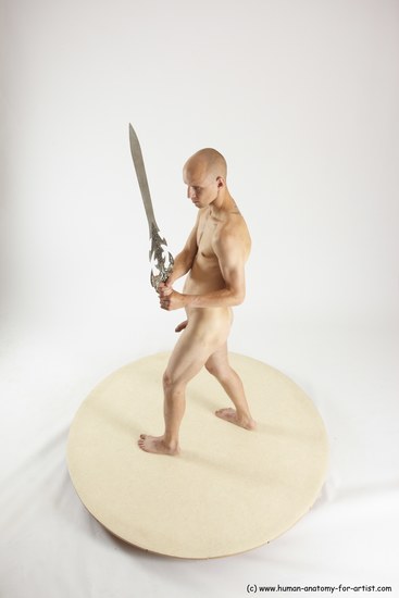 Nude Fighting with sword Man White Standing poses - ALL Slim Bald Standing poses - simple Multi angles poses Realistic