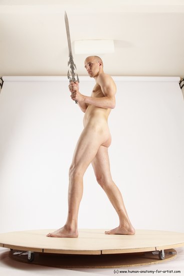 Nude Fighting with sword Man White Standing poses - ALL Slim Bald Standing poses - simple Multi angles poses Realistic