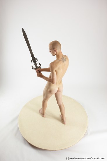 Nude Fighting with sword Man White Standing poses - ALL Slim Bald Standing poses - simple Multi angles poses Realistic