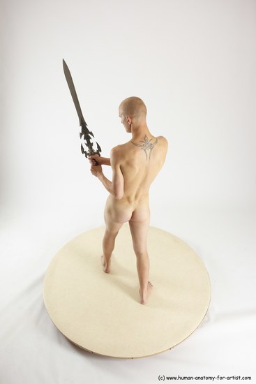 Nude Fighting with sword Man White Standing poses - ALL Slim Bald Standing poses - simple Multi angles poses Realistic