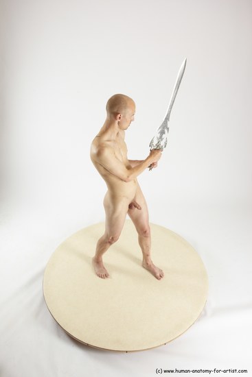 Nude Fighting with sword Man White Standing poses - ALL Slim Bald Standing poses - simple Multi angles poses Realistic