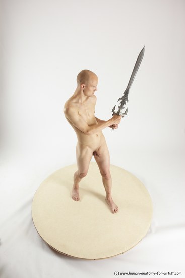 Nude Fighting with sword Man White Standing poses - ALL Slim Bald Standing poses - simple Multi angles poses Realistic