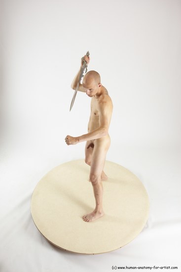 Nude Fighting with sword Man White Standing poses - ALL Slim Bald Standing poses - simple Multi angles poses Realistic