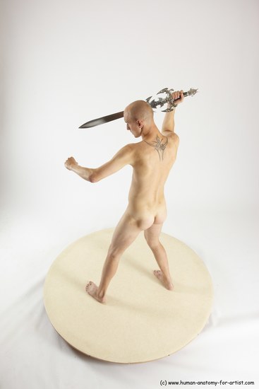 Nude Fighting with sword Man White Standing poses - ALL Slim Bald Standing poses - simple Multi angles poses Realistic