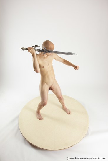 Nude Fighting with sword Man White Standing poses - ALL Slim Bald Standing poses - simple Multi angles poses Realistic