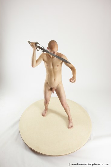 Nude Fighting with sword Man White Standing poses - ALL Slim Bald Standing poses - simple Multi angles poses Realistic