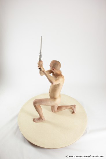 Nude Fighting with sword Man White Kneeling poses - ALL Slim Bald Kneeling poses - on one knee Multi angles poses Realistic