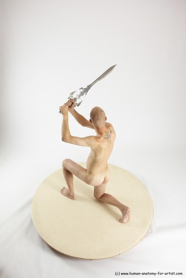 Nude Fighting with sword Man White Kneeling poses - ALL Slim Bald Kneeling poses - on one knee Multi angles poses Realistic