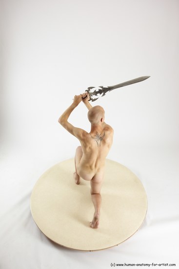 Nude Fighting with sword Man White Kneeling poses - ALL Slim Bald Kneeling poses - on one knee Multi angles poses Realistic