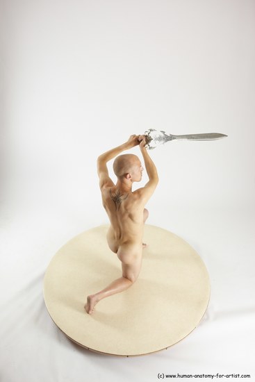 Nude Fighting with sword Man White Kneeling poses - ALL Slim Bald Kneeling poses - on one knee Multi angles poses Realistic