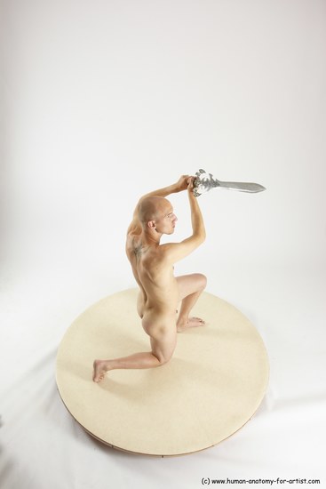 Nude Fighting with sword Man White Kneeling poses - ALL Slim Bald Kneeling poses - on one knee Multi angles poses Realistic