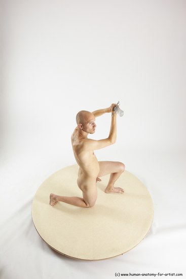 Nude Fighting with sword Man White Kneeling poses - ALL Slim Bald Kneeling poses - on one knee Multi angles poses Realistic