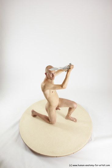 Nude Fighting with sword Man White Kneeling poses - ALL Slim Bald Kneeling poses - on one knee Multi angles poses Realistic