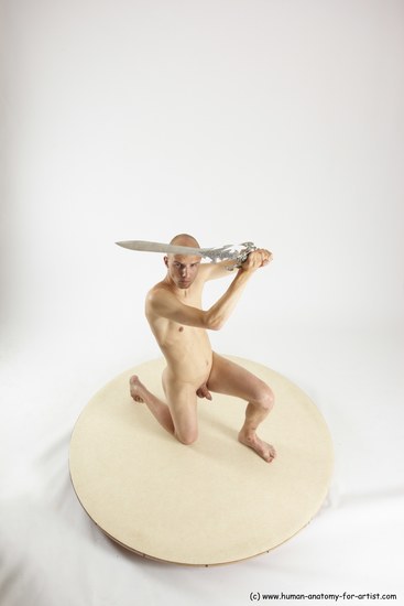 Nude Fighting with sword Man White Kneeling poses - ALL Slim Bald Kneeling poses - on one knee Multi angles poses Realistic