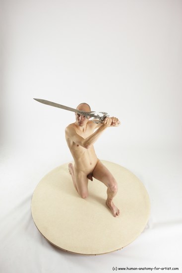 Nude Fighting with sword Man White Kneeling poses - ALL Slim Bald Kneeling poses - on one knee Multi angles poses Realistic