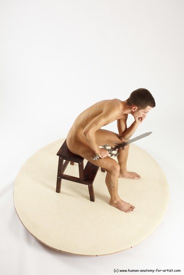 Nude Fighting with sword Man White Sitting poses - simple Athletic Short Brown Sitting poses - ALL Multi angles poses Realistic