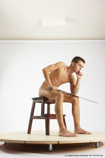 Nude Fighting with sword Man White Sitting poses - simple Athletic Short Brown Sitting poses - ALL Multi angles poses Realistic