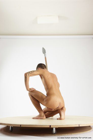 Nude Fighting with spear Man White Kneeling poses - ALL Athletic Short Brown Kneeling poses - on one knee Multi angles poses Realistic