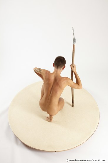 Nude Fighting with spear Man White Kneeling poses - ALL Athletic Short Brown Kneeling poses - on one knee Multi angles poses Realistic