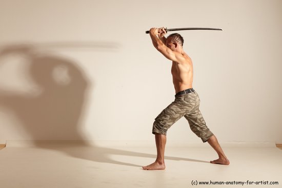 Fighting with sword Man White Moving poses Muscular Short Brown Dynamic poses Academic