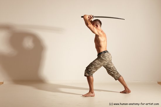 Fighting with sword Man White Moving poses Muscular Short Brown Dynamic poses Academic