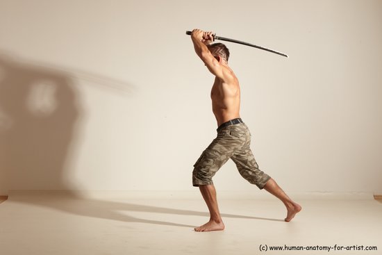 Fighting with sword Man White Moving poses Muscular Short Brown Dynamic poses Academic